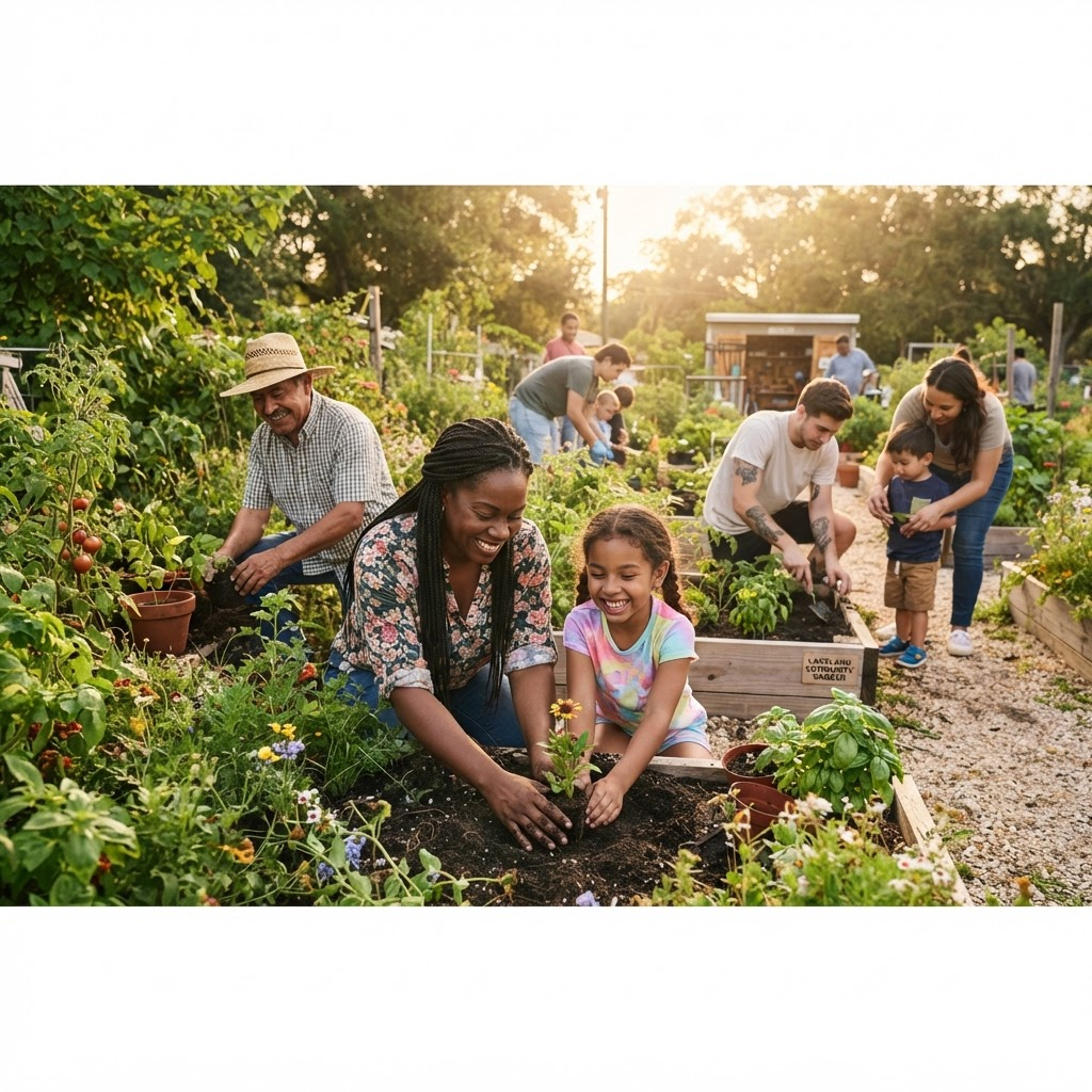 Neighbors planting together in a community garden